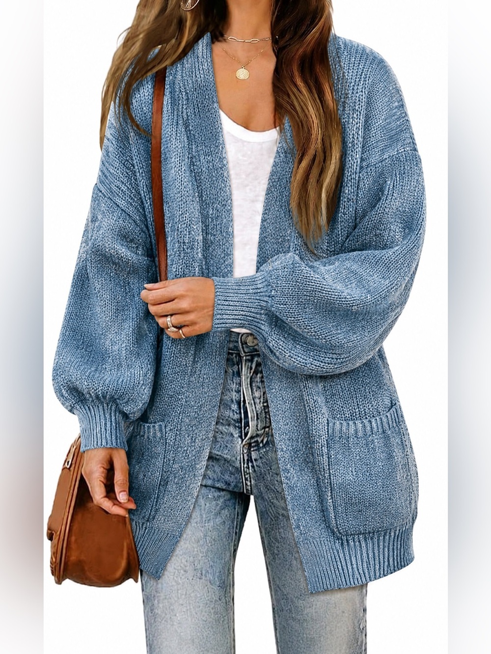 Impressions Boutique Dusty Blue Open-Front Knit Cardigan Puff Bubble Womens M/L